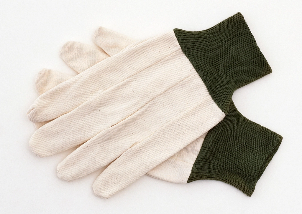 Gants de manutention et outils posés côte à côte sur un établi en bois